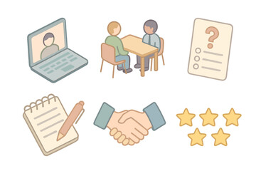 Interview Process Icons. Isometric vector illustration set of interview process icons: video call laptop, face-to-face
