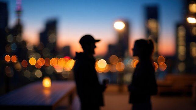 Silhouettes of a couple converse outdoors at sunset against a blurred cityscape