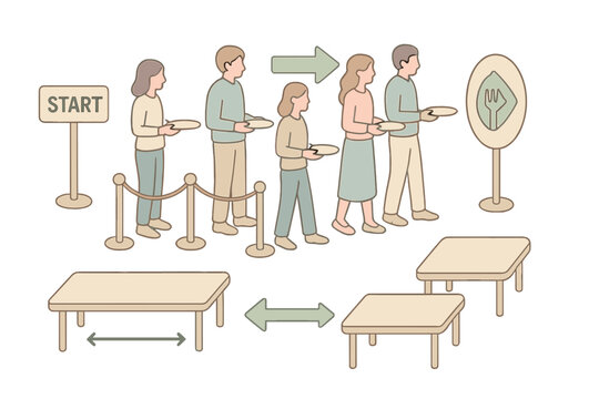 Buffet Queue Illustration. Isometric vector illustration set Buffet Queue and Flow: line of guests holding plates, arrows guiding