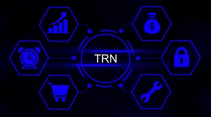 Futuristic business network diagram with icons for growth money time shopping security and tools on a dark blue background with glowing elements and the word trade in the center - Powered by Adobe