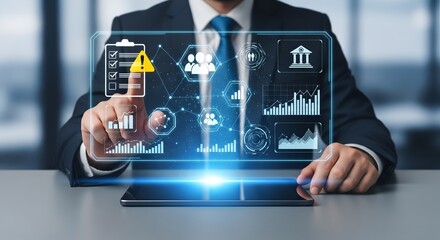 Businessman interacting with futuristic digital interface displaying financial data and charts