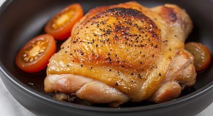 Roasted chicken thigh with tomatoes on a plate, close-up culinary delight