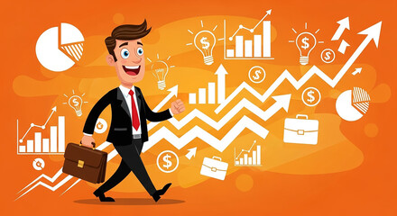 Businessman walking forward with financial data charts and growth