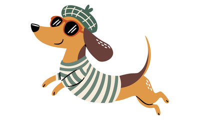 Flat vector illustration in a simple children's style on a white background. A cute dachshund wearing a beret and sunglasses. Vector illustration