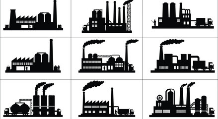 Industrial factory silhouettes with smokestacks, workers, trucks, and storage tanks for manufacturing, logistics, energy, and production design concepts.