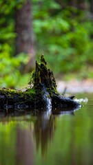 A mossy tree stump in a shallow pool of water, reflecting the surrounding forest