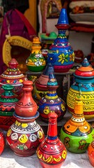 Colorful painted pottery display