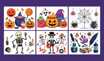 Fototapeta premium Spooky halloween icons and elements for festive autumn holiday decorations and designs