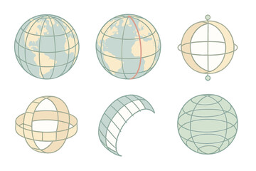 Earth Grid Illustration. Isometric vector illustration set meridian longitude latitude grid: earth sphere with grid lines, prime