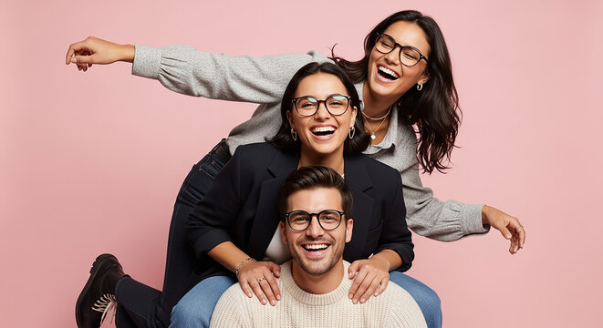 Group of three friends laughing and wearing glasses - Powered by Adobe