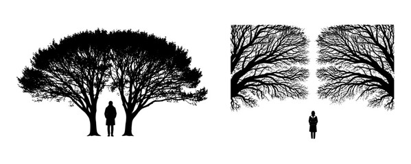 Vector art of silhouette of a person standing under a tree, descriptive title