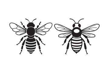 Two stylized black and white illustrations of honey bees