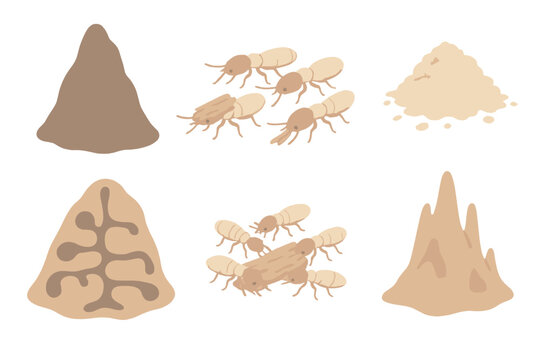 Termite Colony Illustration. Isometric vector illustration set termite mound wood decompose: termite hill silhouette, worker