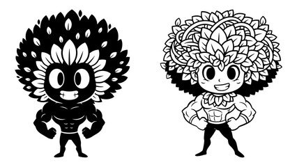 Illustration of two muscular leaf people, one in black and one in white