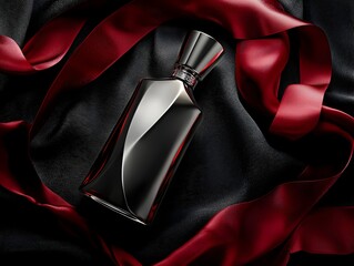 Photo of sleek perfume bottle with red ribbon and luxurious silk cloth, creating elegance