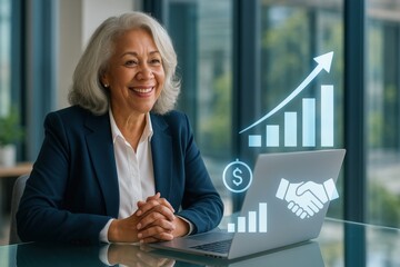 Empowering business growth senior woman analyzing financial trends in modern office environment with laptop and graphs