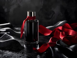 Photo of sleek perfume bottle with red ribbon and luxurious silk cloth, creating elegance