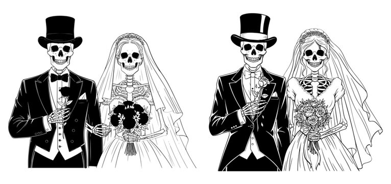 Vector art of two skeleton couples in wedding attire, a spooky and unique wedding illustration