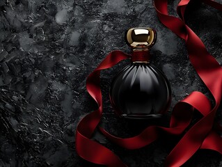 Photo of sleek perfume bottle with red ribbon and luxurious silk cloth, creating elegance