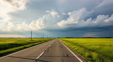 Scenic highway view across lush fields beneath cumulus and nimbus clouds