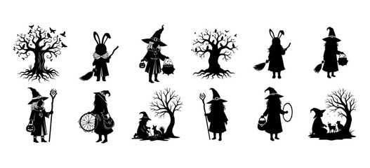 Vector art of a collection of halloween silhouettes featuring witches, trees, and animals