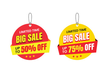 promotional limited time Big sale offers sticker, vector illustration, super discount dangler for promotion, Big sale label up to 75% off, up to 50% off.