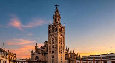 Fototapeta premium The Giralda of Seville Spain, Bathed in the warm hues of a sunset