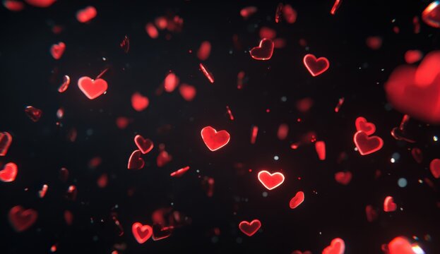 Abstract digital hearts falling on dark background