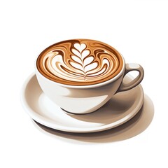 A cartoon-like drawing of a latte coffee saucer drink.