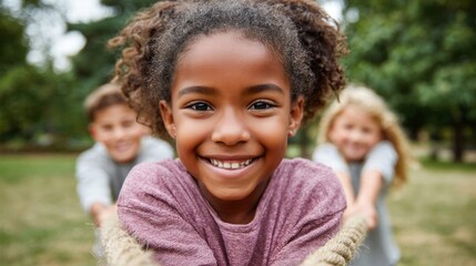 Fototapeta premium Joyful children playing tug-of-war outdoors on a sunny day