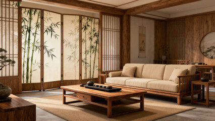 Fototapeta premium Traditional Cultural Chinese Living Room with Scenic Accents