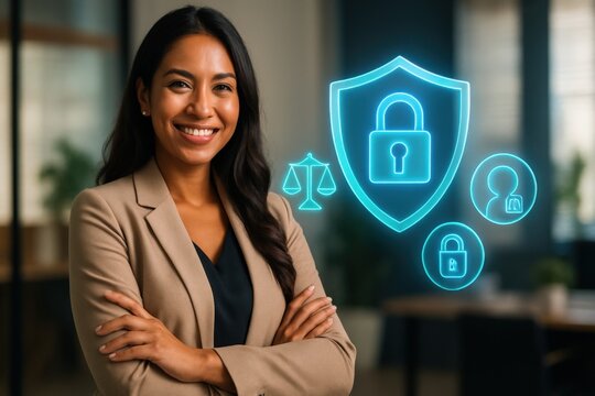 Legal professional emphasizing cybersecurity solutions in modern office environment focus on data privacy professional branding