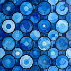 Abstract pattern of many overlapping circles in shades of blue and dark blue, with a slightly distressed or watercolor effect.  Circular shapes are layered within a grid of smaller, dark-blue squares