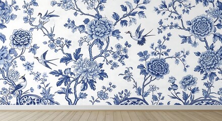 Interior scene with sophisticated blue floral chinoiserie wallpaper design