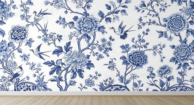 Interior scene with sophisticated blue floral chinoiserie wallpaper design