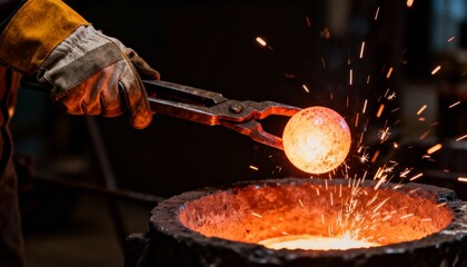 Close-up of glowing metal sphere held with tongs over crucible.