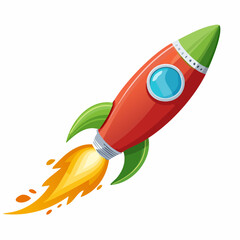 Kreskówkowa rakieta startująca w kosmos. Ikona symbolizująca startup, sukces, innowację i szybki rozwój projektu biznesowego.