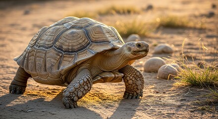 Majestic Tortoise Journeying Through Arid Terrain Under Soft Sunlight