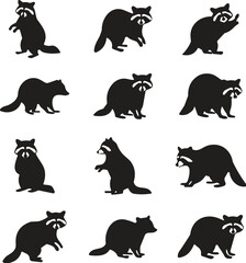 Set of twelve black raccoon silhouette icons in various poses including standing, walking, sitting, and crouching for design use