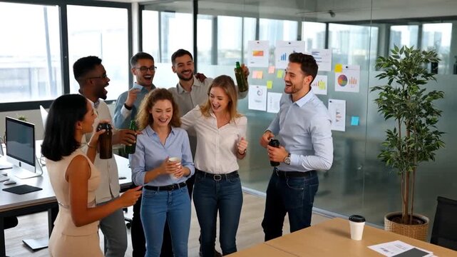 &Eacute;quipe de travail c&eacute;l&eacute;brant un succ&egrave;s au bureau