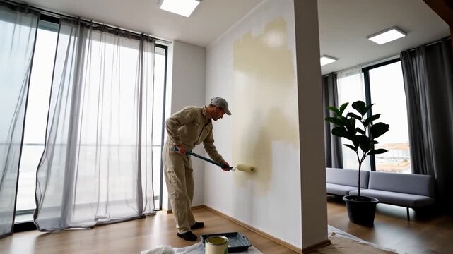Ouvrier peignant un mur int&eacute;rieur avec un rouleau