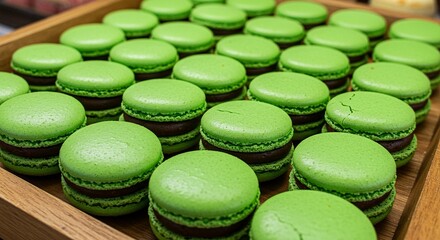 A tray filled with vibrant green macarons, each one neatly stacked and filled with a layer of rich chocolate cream.