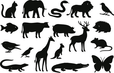 Naklejka premium Set of black silhouette icons of various animals including domestic, wild, aquatic, and flying species for educational or design use
