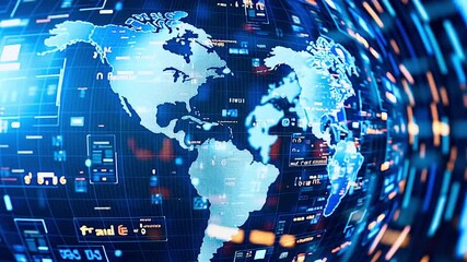 Rotating globe with futuristic hud interface and data flow - Powered by Adobe