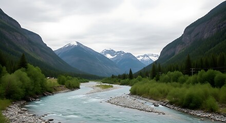 Serenity flows through the majestic mountains and the turquoise river