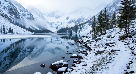 Idyllic winter scenery with snow-covered mountains reflecting in a lake