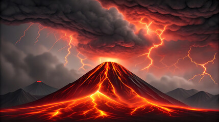 Active volcano chain with lava flows and lightning storm