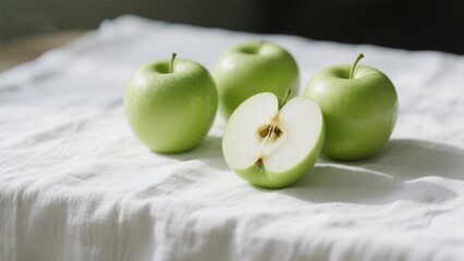 Four green apples on a white cloth, one sliced in half to reveal the core