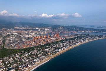 Obraz premium Aerial view of the port of manzanillo, entrance to the port of manzanillo, Manzanillo, Colima, Mexico, November 2, 2024.