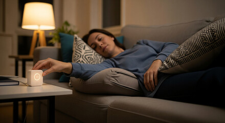 A woman relaxing on a cozy sofa at night, interacting with a smart home device on the side table for her evening wellness routine and sleep